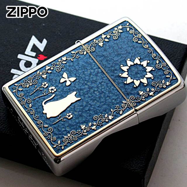 Zippo ジッポー ネコ 猫 Cat ブルー ＃200 ゴールドプレート 両面加工