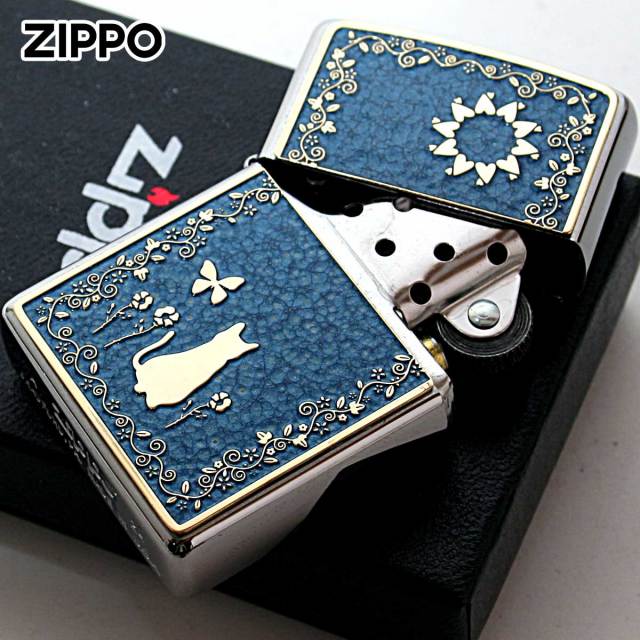 Zippo ジッポー ネコ 猫 Cat ブルー ＃200 ゴールドプレート 両面加工