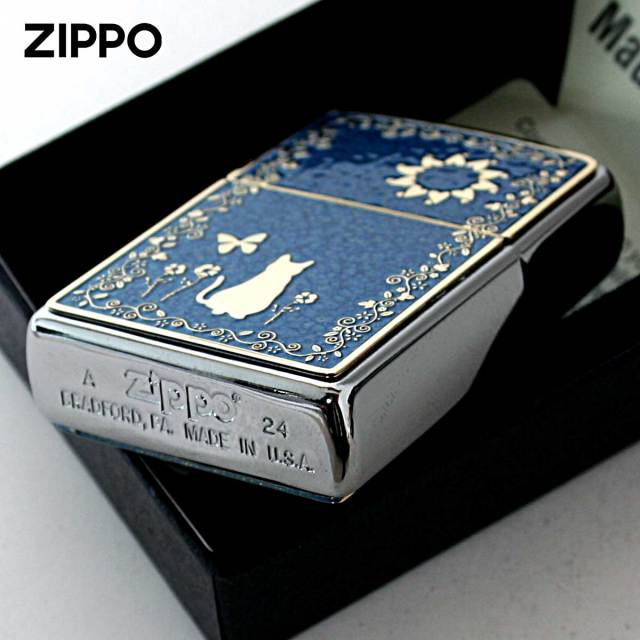 Zippo ジッポー ネコ 猫 Cat ブルー ＃200 ゴールドプレート 両面加工