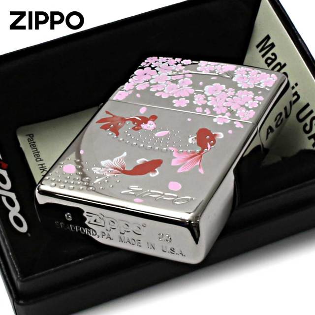 Zippo ジッポー 金魚と桜 きんぎょ さくら 和柄 両面加工 White Nickel