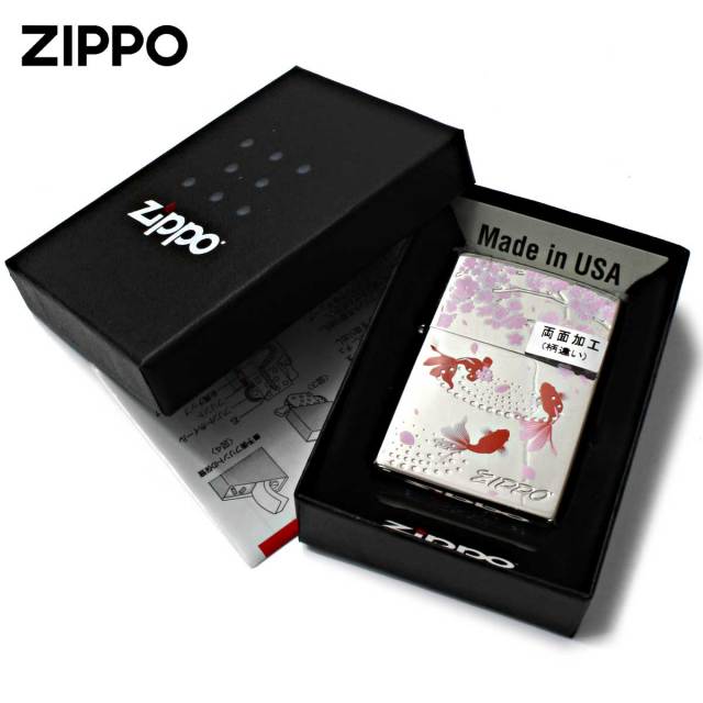 Zippo ジッポー 金魚と桜 きんぎょ さくら 和柄 両面加工 White Nickel