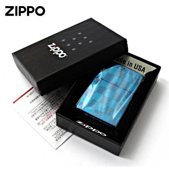 Zippo ジッポー チェック ラメ 幾何学模様 両面加工 ブルー ジオ