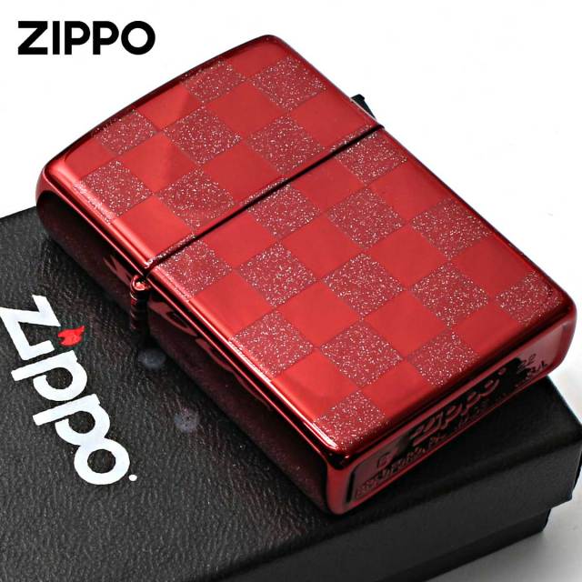 Zippo ジッポー チェック ラメ 幾何学模様 両面加工 レッド ジオ