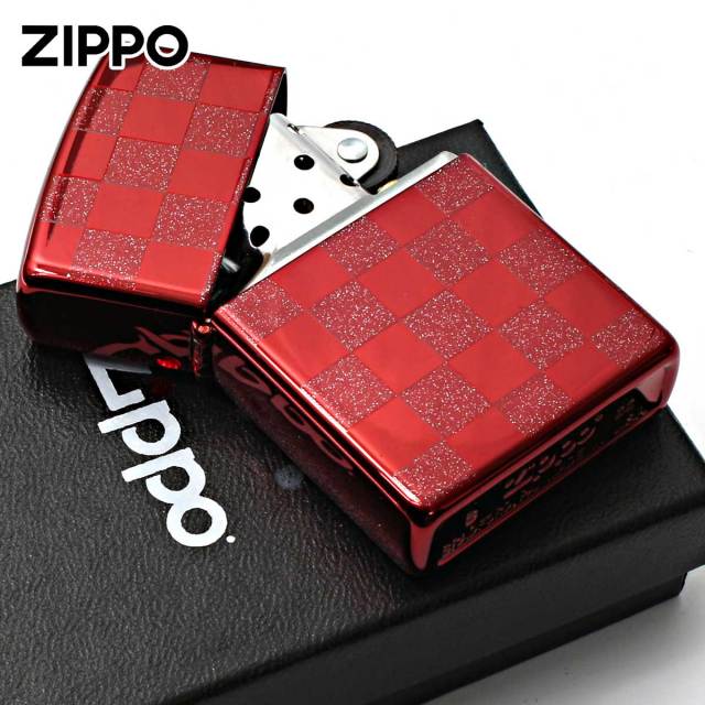 Zippo ジッポー チェック ラメ 幾何学模様 両面加工 レッド ジオ