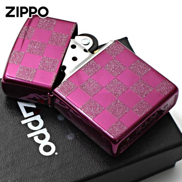 Zippo ジッポー チェック ラメ 幾何学模様 両面加工 バイオレット ジオ