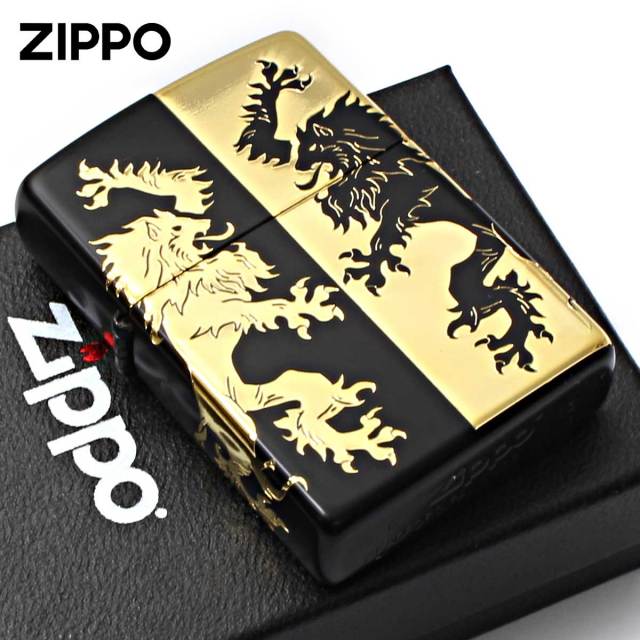 しばライオン同封❌ページ Zippo ジッポー ライオン ハーフ 4面連続加工 ブラック ゴールド