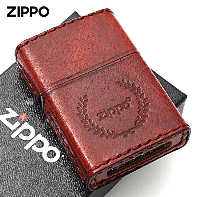 Zippo ジッポー 革巻き 牛革 レザー ジッポ ロゴ 月桂樹 レッド