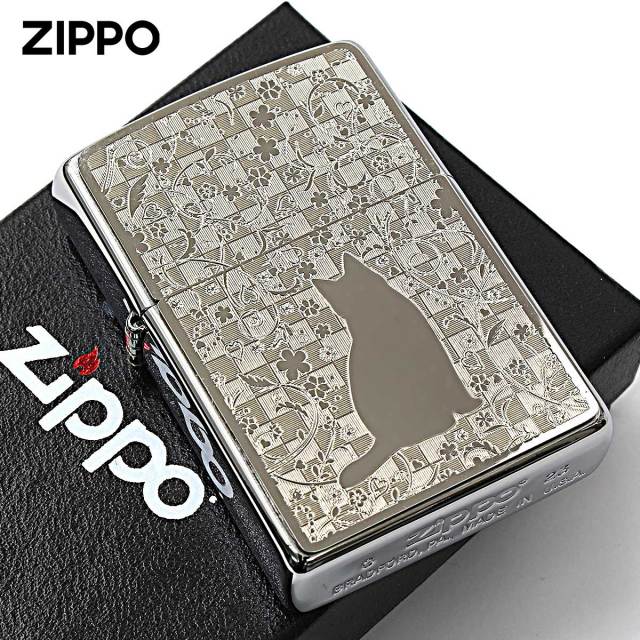 Zippo ジッポー ネコ 猫 Cat 花 ＃200 メタルプレート ニッケルメッキ