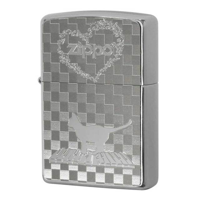 Zippo ジッポー ネコ 猫 Cat 音符 ＃200 メタルプレート ニッケルメッキ 2MP-音符 メール便可