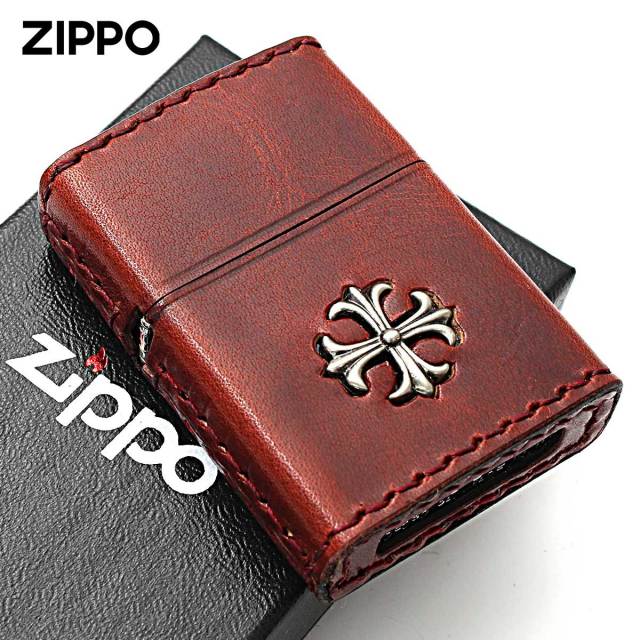 Zippo ジッポー 牛革巻き クロス 十字架 Cross ダメージレッド