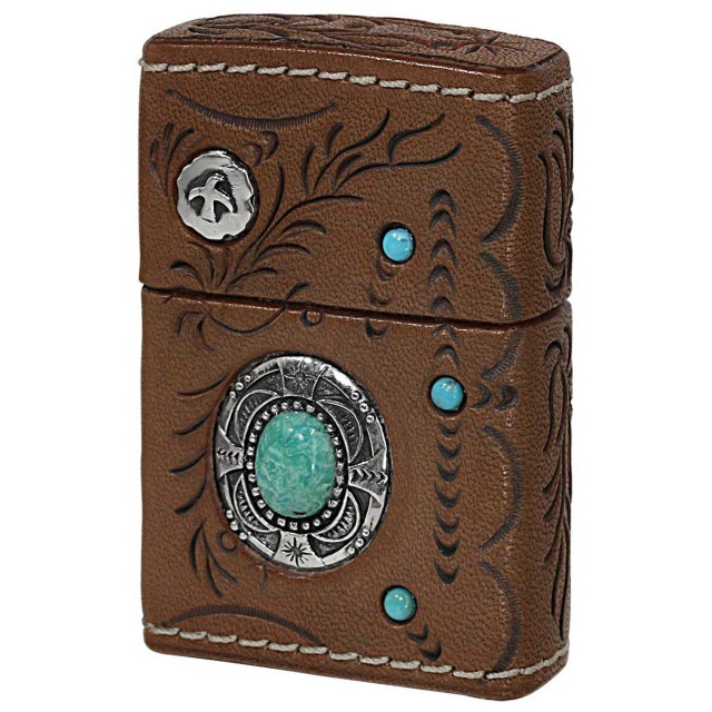 Zippo ジッポー 革巻き 牛革 ターコイズ 天然石 ネイティブアメリカン インディアンスピリット ブラウン INDIAN SPIRIT 純銀メタル FEATHER フェザー BW