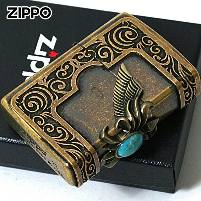 Zippoライター ターコイズ装飾付 Zippo ジッポー ターコイズ 天然石 ウイング 羽 3面連続メタル ブラス