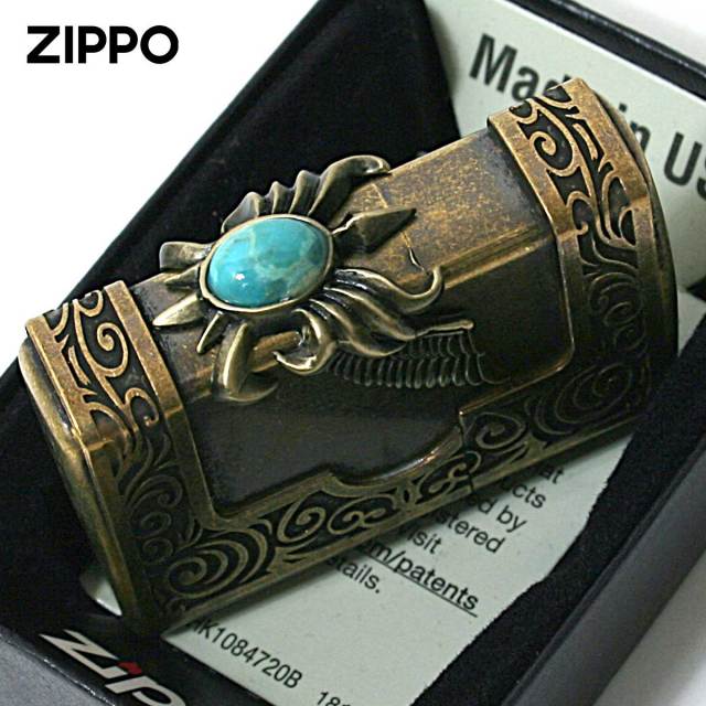 Zippo ジッポー ターコイズ 天然石 ウイング 羽 3面連続メタル ブラス