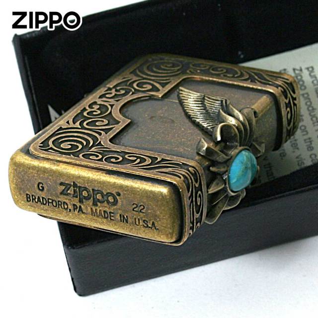 Zippo ジッポー ターコイズ 天然石 ウイング 羽 3面連続メタル ブラス