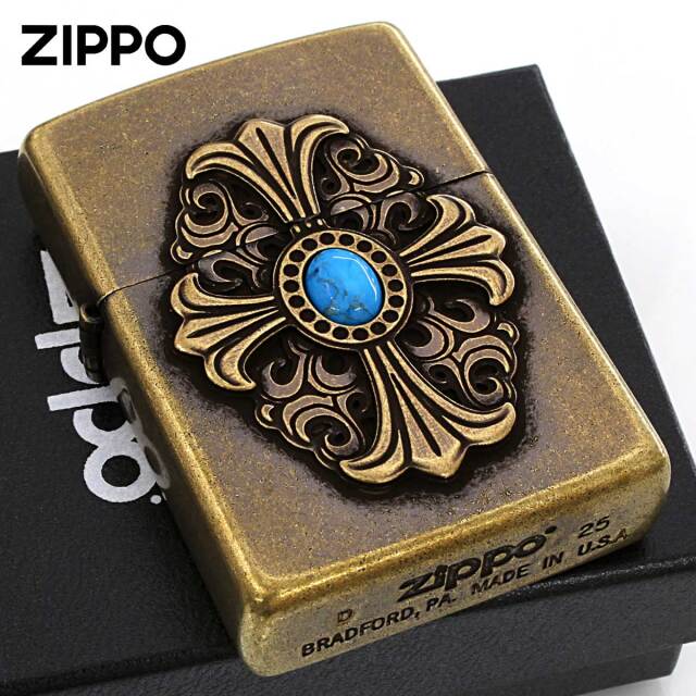 Zippo ジッポー ビックメタル クロス 十字架 ターコイズ 天然石 クロス
