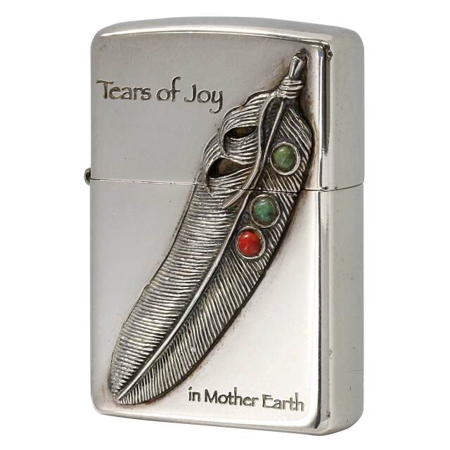 絶版/ヴィンテージ Zippo ジッポー 中古 2014年製造 フェザーメタル ターコイズ&サンゴ  [A]使用感少なく状態が良い