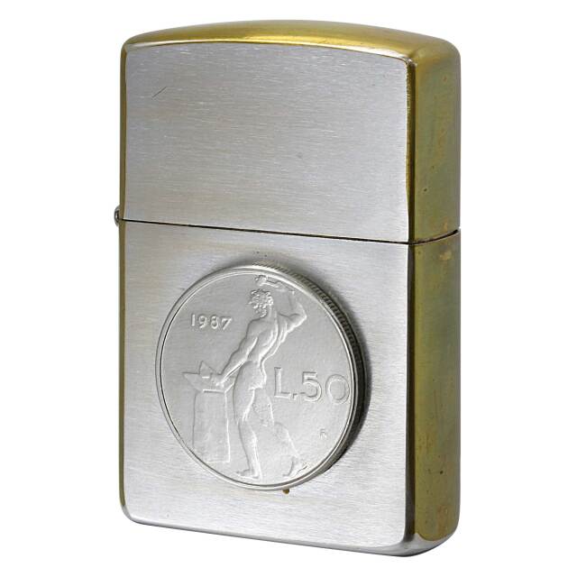絶版/ヴィンテージ Zippo ジッポー 中古 1996年製造 1987年 L.50コイン リラコイン 貼り  [B]使用感ありやや傷汚れあり