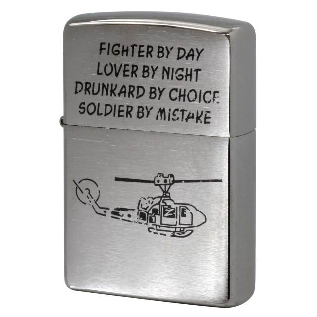 絶版/ヴィンテージ Zippo ジッポー 中古 2015年製造 ヘリコプター 英字 プリント ブラッシュドクローム  [A]使用感少なく状態が良い
