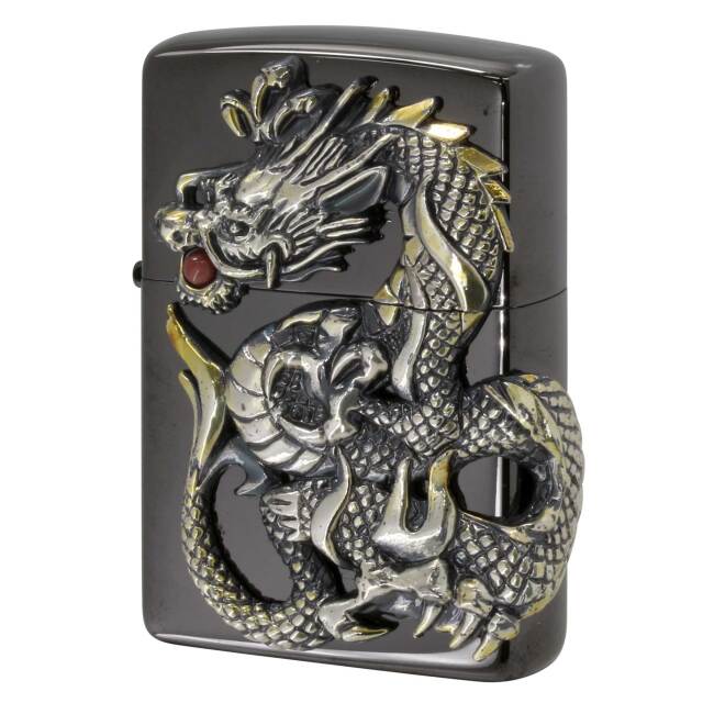 絶版/ヴィンテージ Zippo ジッポー 中古 2018年製造 龍 ドラゴン メタル貼り サンゴ ブラックニッケル  [N]未使用・新品