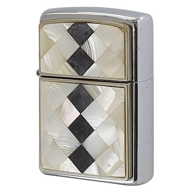 絶版/ヴィンテージ Zippo ジッポー 中古 2004年製造 チェック 市松模様 格子柄 白黒 シェル メタル貼り  [B]使用感ありやや傷汚れあり