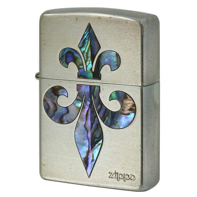 絶版/ヴィンテージ Zippo ジッポー 中古 2004年製造 ユリの紋章 貝貼り マーク つや消し 銀メッキ  [B]使用感ありやや傷汚れあり