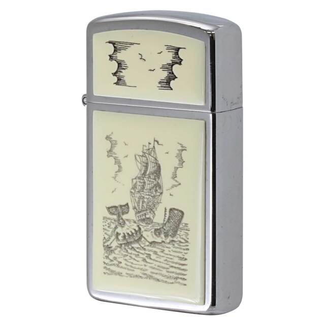 絶版/ヴィンテージ Zippo ジッポー 中古 1987年製造 スリム スクリムショー 捕鯨船と灯台 #1659 Scrimshaw  [N]未使用・新品