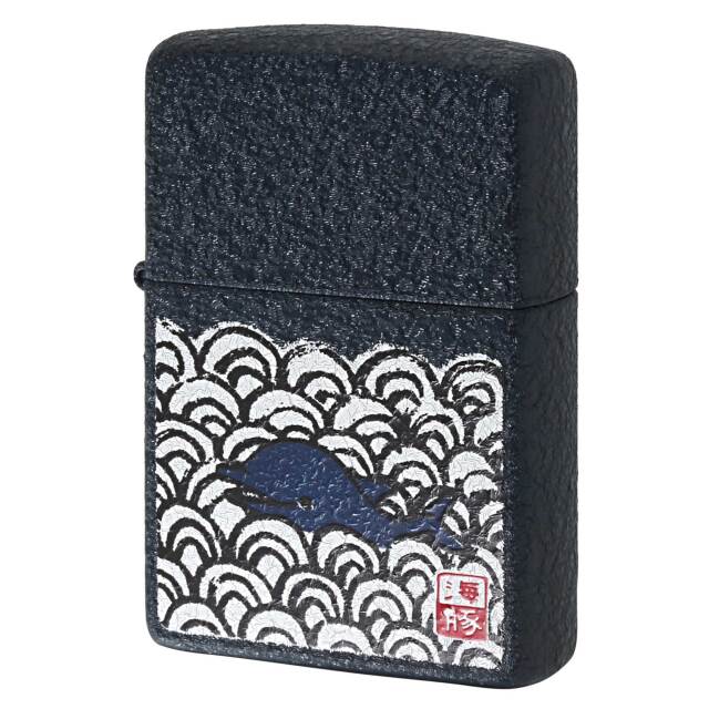 絶版/ヴィンテージ Zippo ジッポー 中古 2002年製造 海豚 イルカ 青海波 クラックル加工  [S]ほぼ新品同様