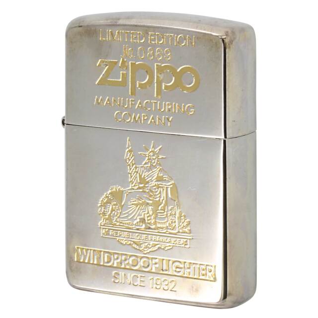 絶版/ヴィンテージ Zippo ジッポー 中古 1998年製造 自由の女神 エッチング 金銀メッキ シルバー10ミクロン シリアルナンバー入 No.0869  [B]使用感ありやや傷汚れあり