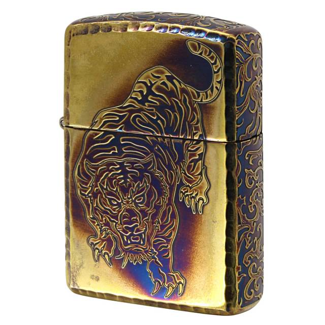 絶版/ヴィンテージ Zippo ジッポー 中古 2023年製造 ARMOR アーマー タイガー 虎 唐草 アラベスク ブラスいぶし ゴールドタンク  [C]使用感あり傷汚れあり