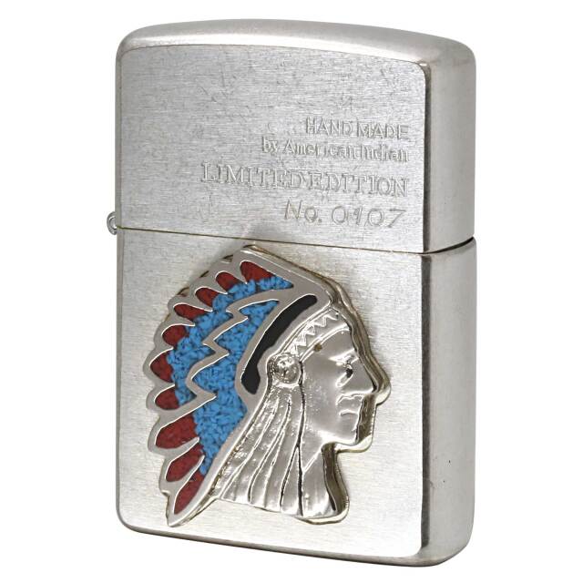 絶版/ヴィンテージ Zippo ジッポー 中古 1993年製造 限定 ネイティブ インディアン ジュエリー シリーズ INDIAN CHIEF トルコ石 No.0107  [N]未使用・新品