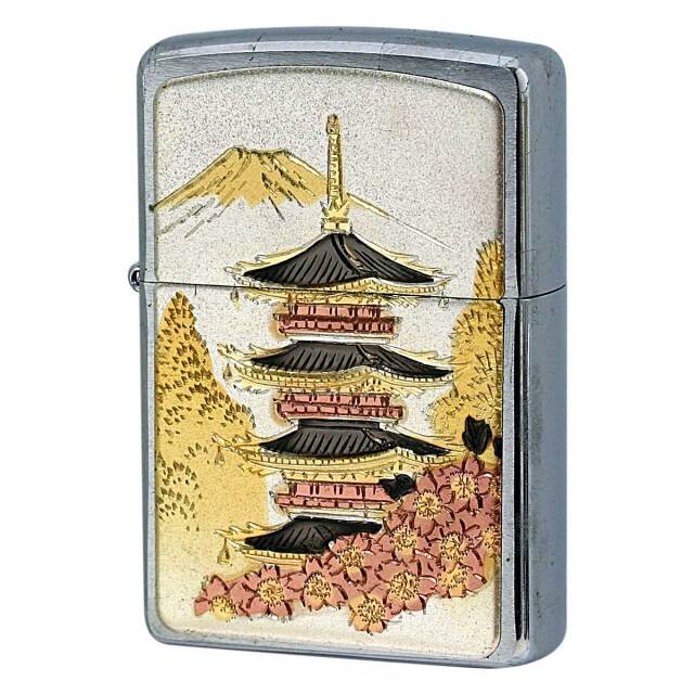 絶版/ヴィンテージ Zippo ジッポー 中古 2008年製造 電鋳板メタルプレート 富士と桜と塔  [S]ほぼ新品同様