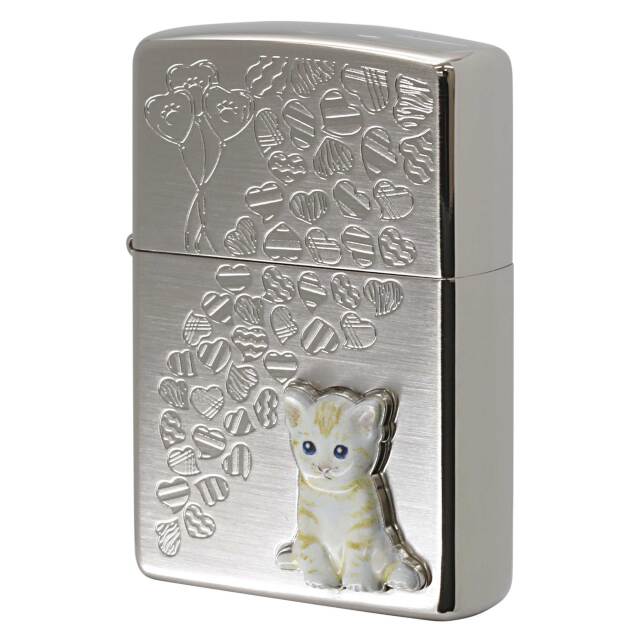 絶版/ヴィンテージ Zippo ジッポー 中古 2023年製造 Kitten Hearts 子猫 ハート ホワイトニッケル サテン  [S]ほぼ新品同様