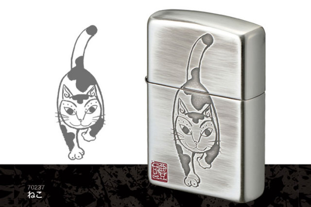 Zippo ジッポー 墨絵 画家 作家 本多豊國 ねこ 銀メッキ 70237｜Zippo