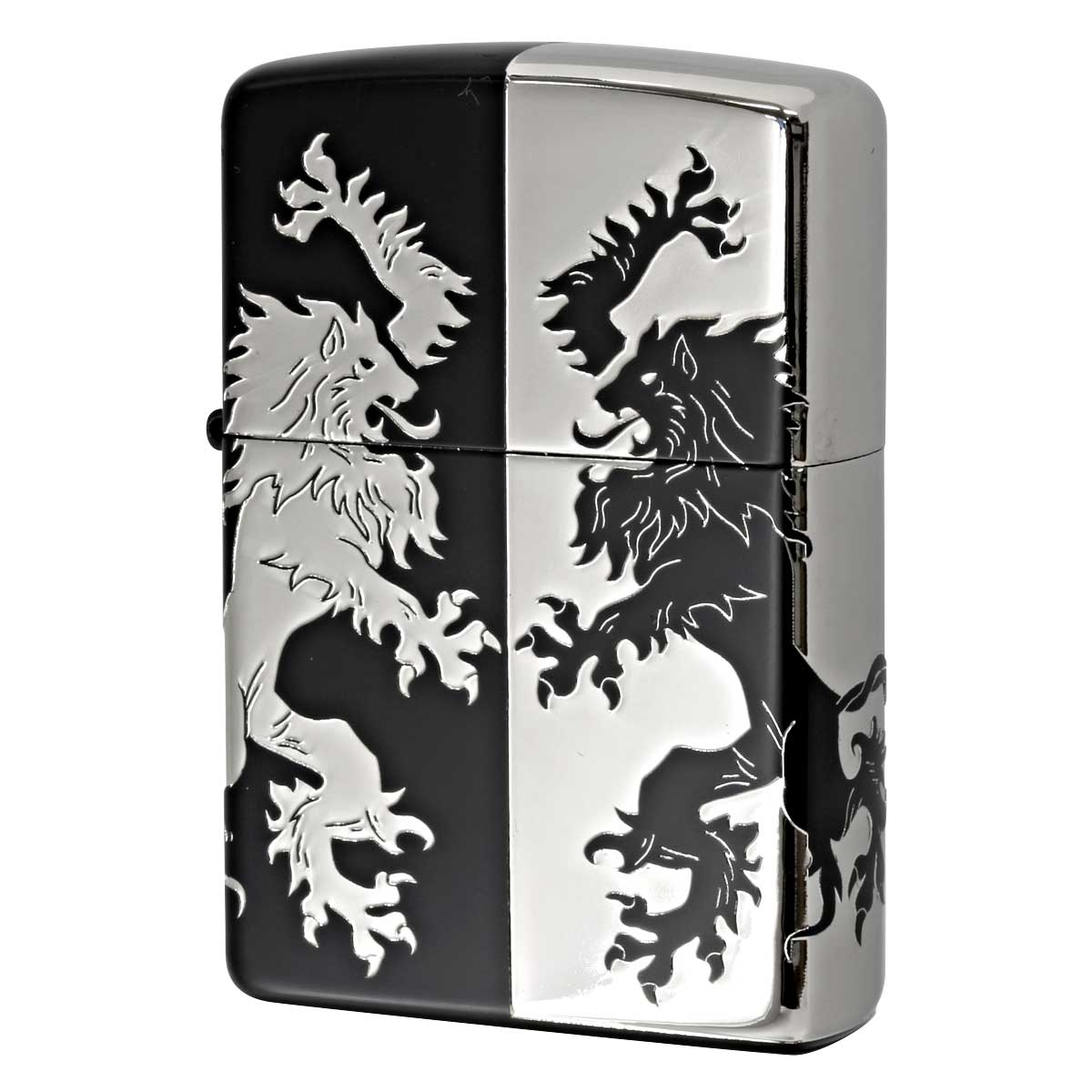 Zippo ジッポー ライオン ハーフ 4面連続加工 ブラック シルバー Monotone LION 2BKS-LIHF メール便可