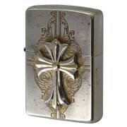 絶版/ヴィンテージ Zippo ジッポー 中古 2009年製造 クロス 十字架 Cross クロスコンビメタル サテン ゴールド No.4  [C]使用感あり傷汚れあり