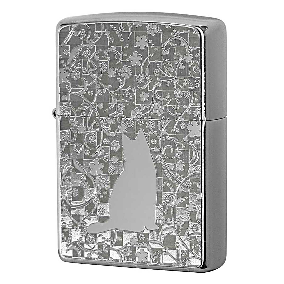 Zippo ジッポー ネコ 猫 Cat 花 ＃200 メタルプレート ニッケルメッキ 2MP-花 メール便可