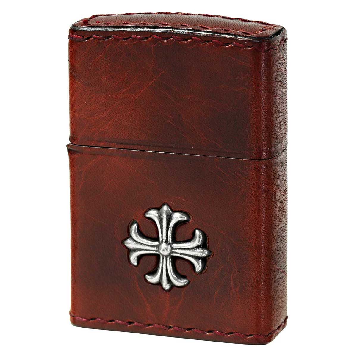 Zippo ジッポー 牛革巻き クロス 十字架 Cross ダメージレッド クロス 手縫い 2CM-3RD