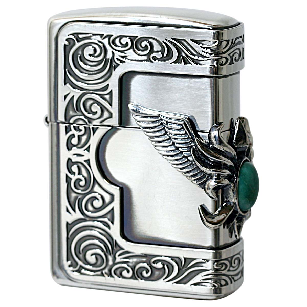 Zippo ジッポー ターコイズ 天然石 ウイング 羽 メタル 銀イブシ ストーンウィングメタル ターコイズ