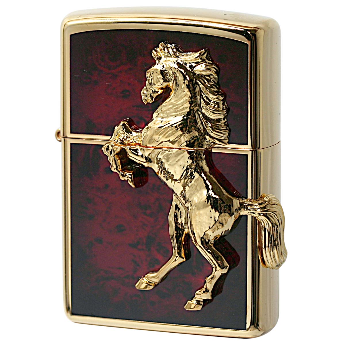 Zippo ジッポー 馬 ホース 2面連続メタル ウイニング ウィニー ゴールドプレート レッドマーブル ゴールドタンク ディープレッド
