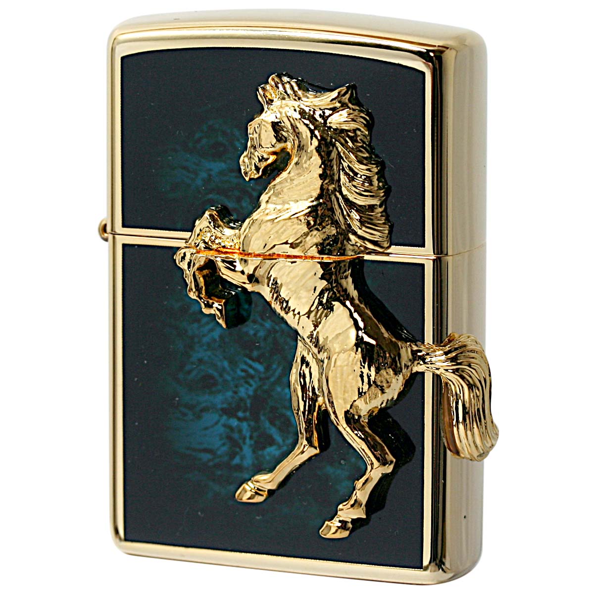 Zippo ジッポー 馬 ホース 2面連続メタル ウイニング ウィニー ゴールドプレート ブルーマブル ゴールドタンク アトランティックブルー