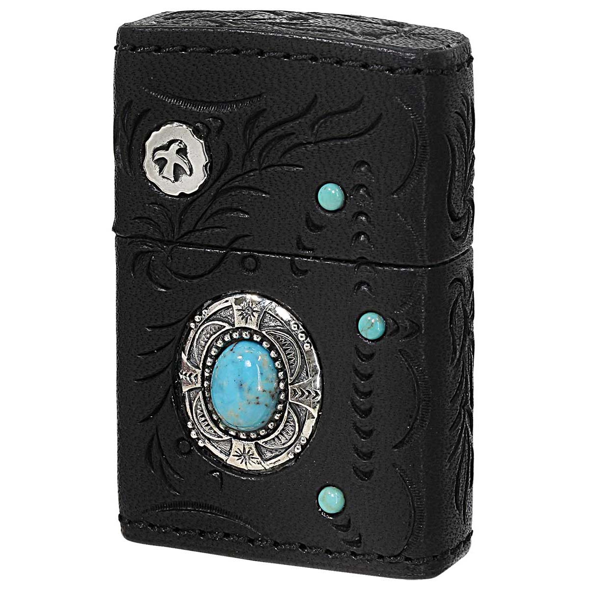 Zippo ジッポー 革巻き 牛革 ターコイズ 天然石 ネイティブアメリカン インディアンスピリット ブラック INDIAN SPIRIT 純銀メタル FEATHER フェザー BK