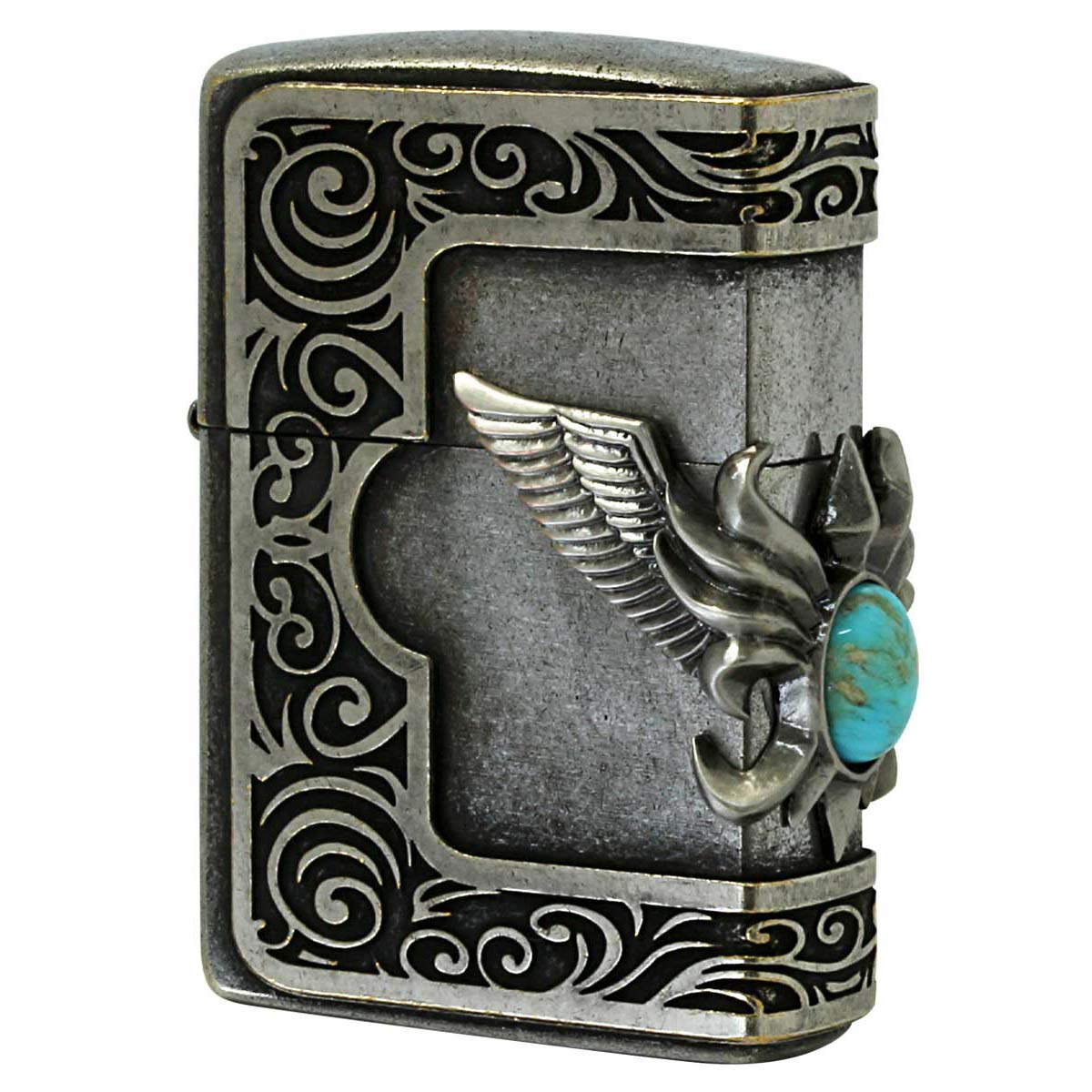 Zippo ジッポー ターコイズ 天然石 ウイング 羽 3面連続メタル 古美バレル STONE WING METASL Turquoise ＃200FB 古美バレル
