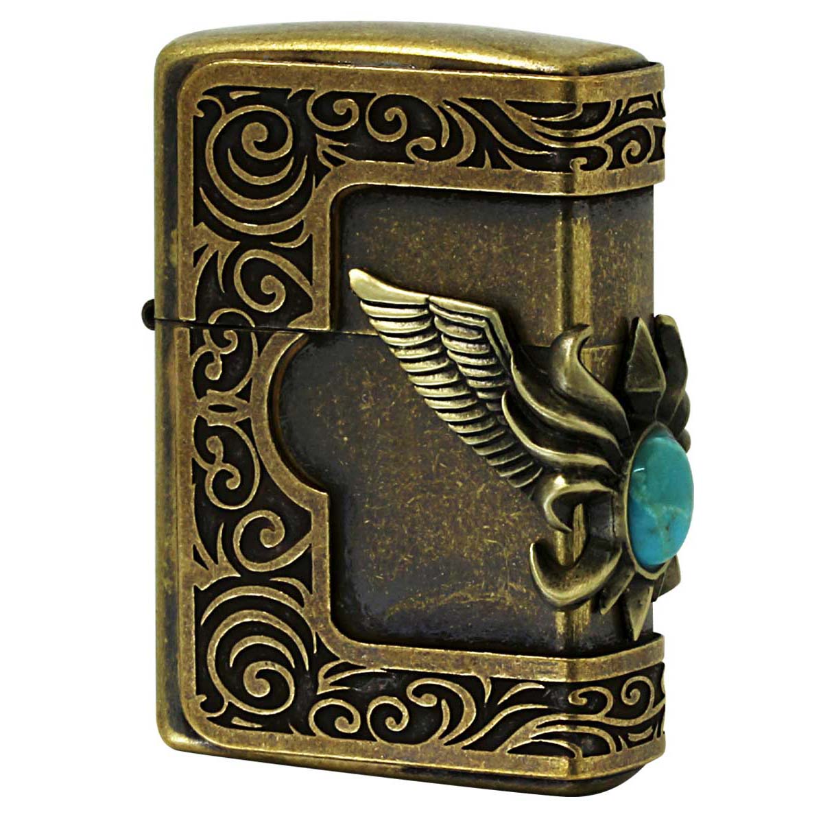 Zippo ジッポー ターコイズ 天然石 ウイング 羽 3面連続メタル ブラス古美バレル STONE WING METASL Turquoise ＃200 ブラス古美バレル