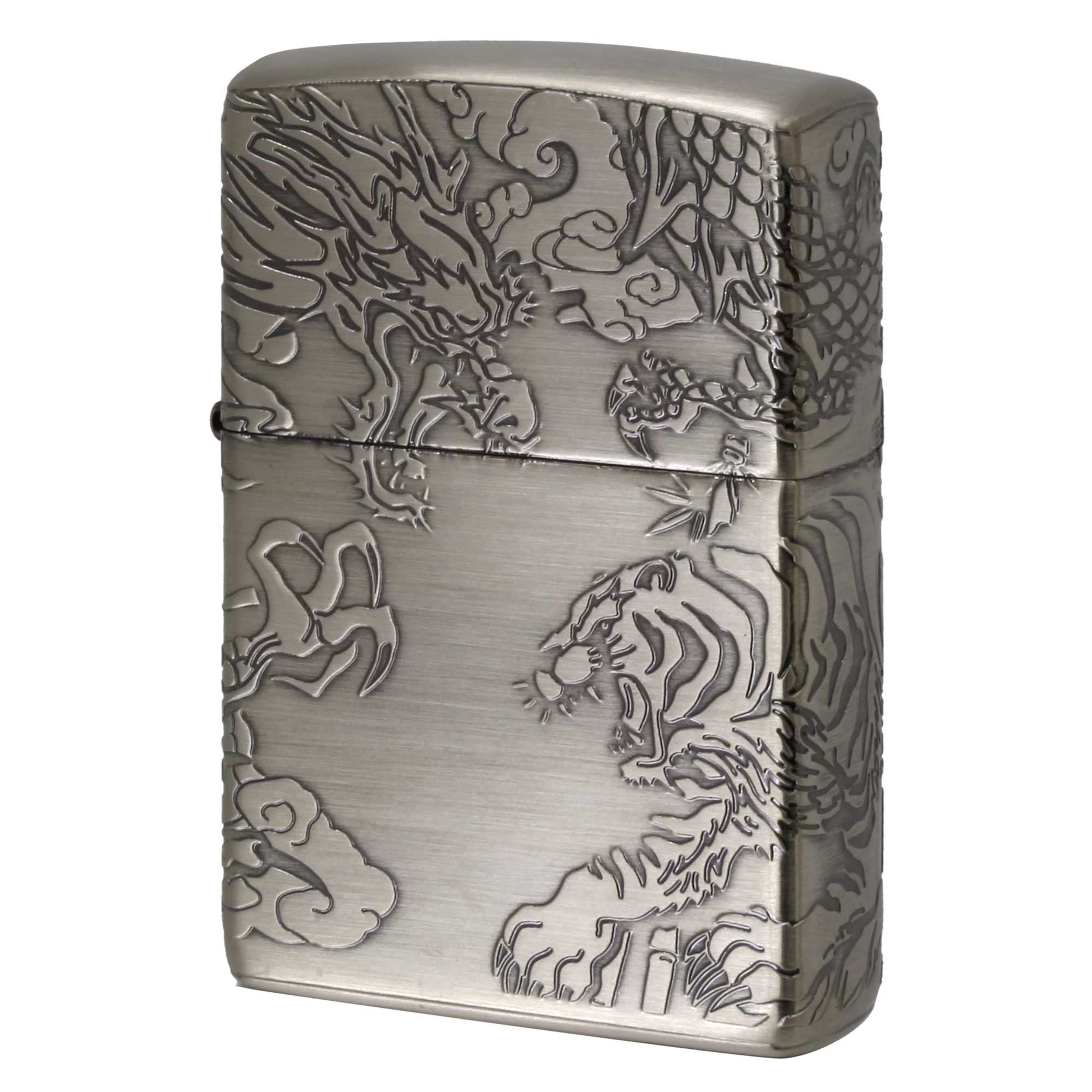 絶版/ヴィンテージ Zippo ジッポー 中古 2023年製造 ドラゴン タイガー 4面連続デザイン ニッケルメッキ ブラッシュド Dragon and Tiger NI  [A]使用感少なく状態が良い