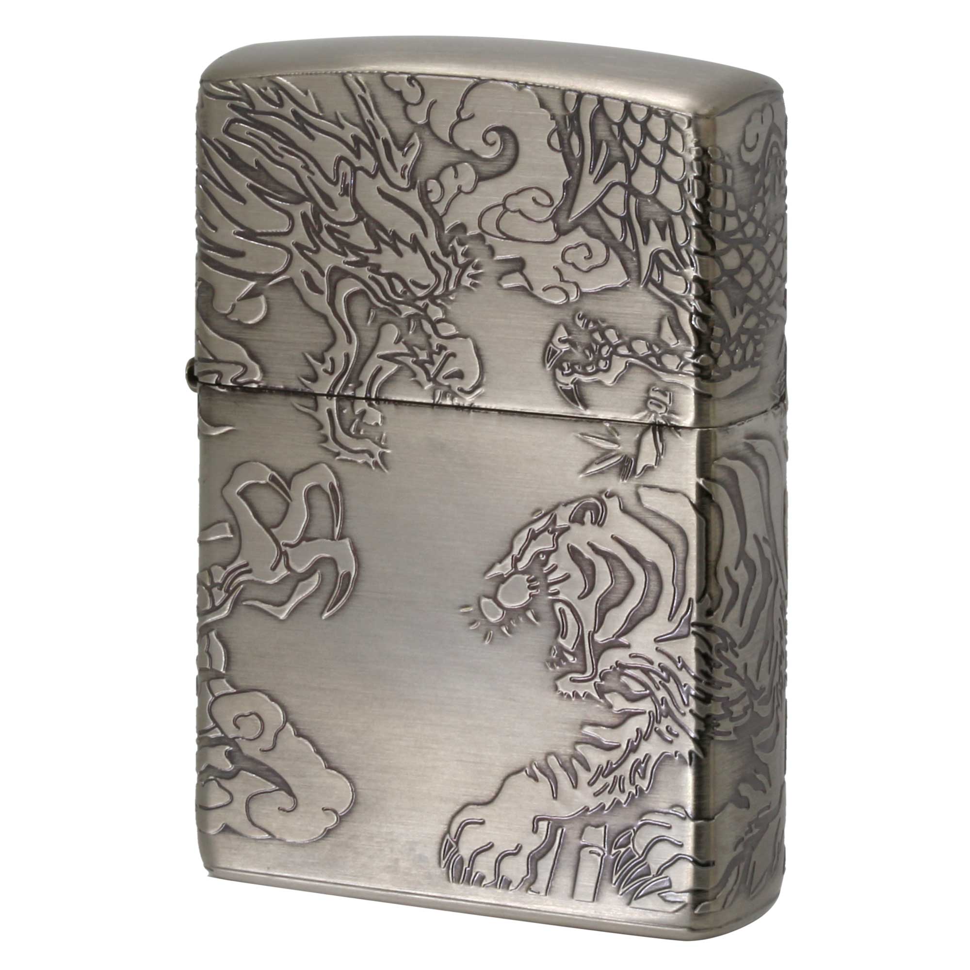 絶版/ヴィンテージ Zippo ジッポー 中古 2023年製造 ドラゴン タイガー 4面連続デザイン ニッケルメッキ ブラッシュド Dragon and Tiger NI  [A]使用感少なく状態が良い