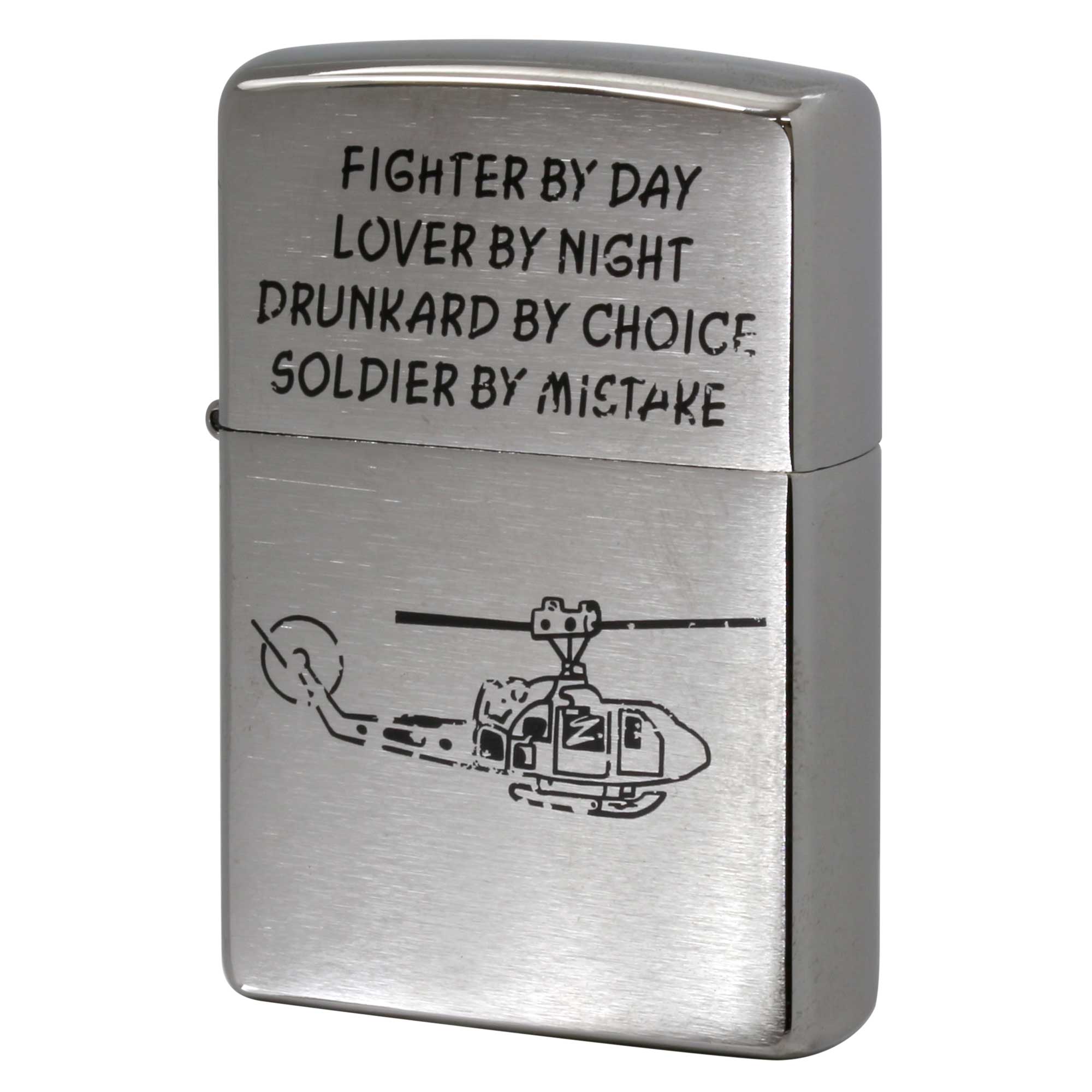 絶版/ヴィンテージ Zippo ジッポー 中古 2015年製造 ヘリコプター 英字 プリント ブラッシュドクローム  [A]使用感少なく状態が良い