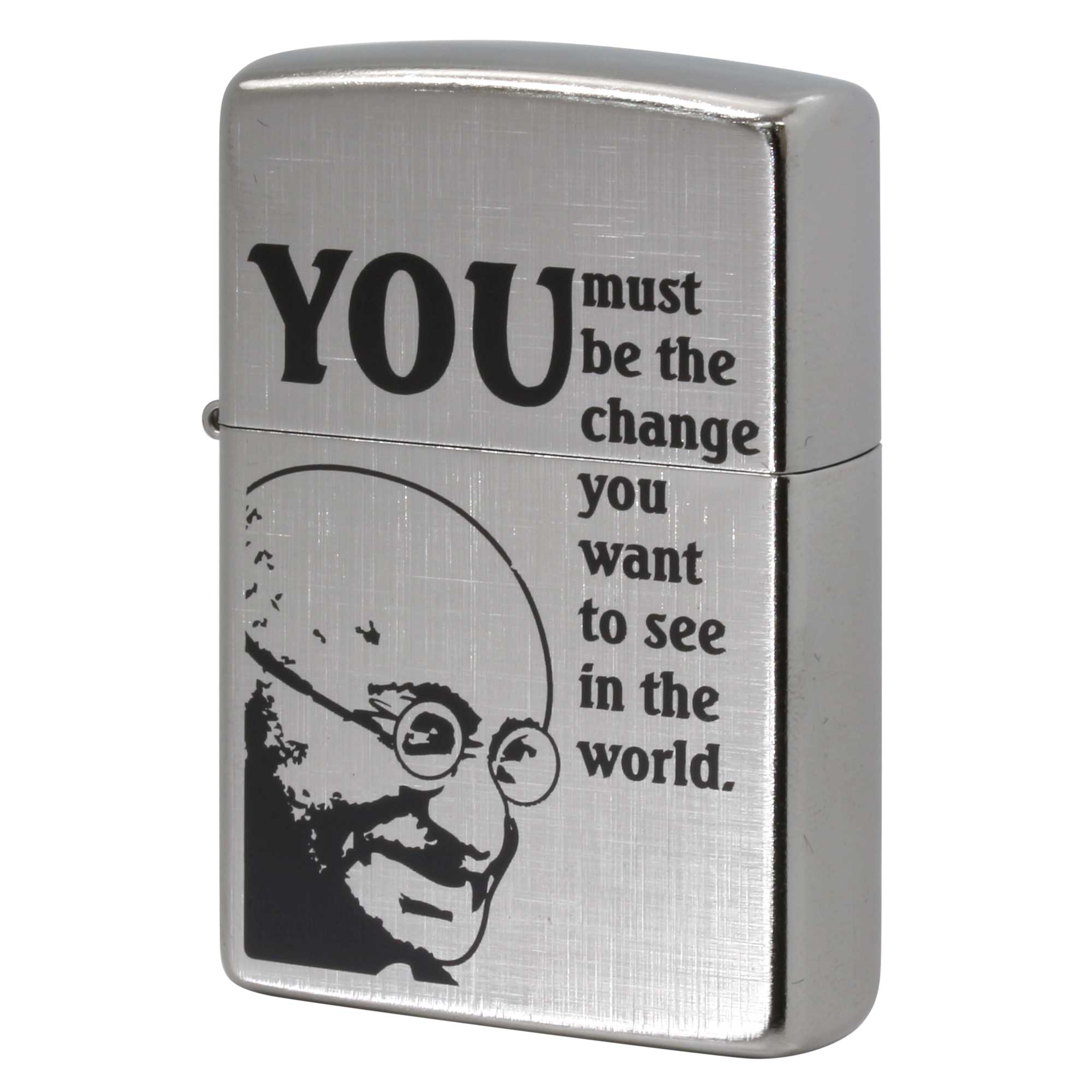 絶版/ヴィンテージ Zippo ジッポー 中古 2018年製造 ガンジー 英文 プリント リネンウェーブ ブラッシュドクローム  [N]未使用・新品