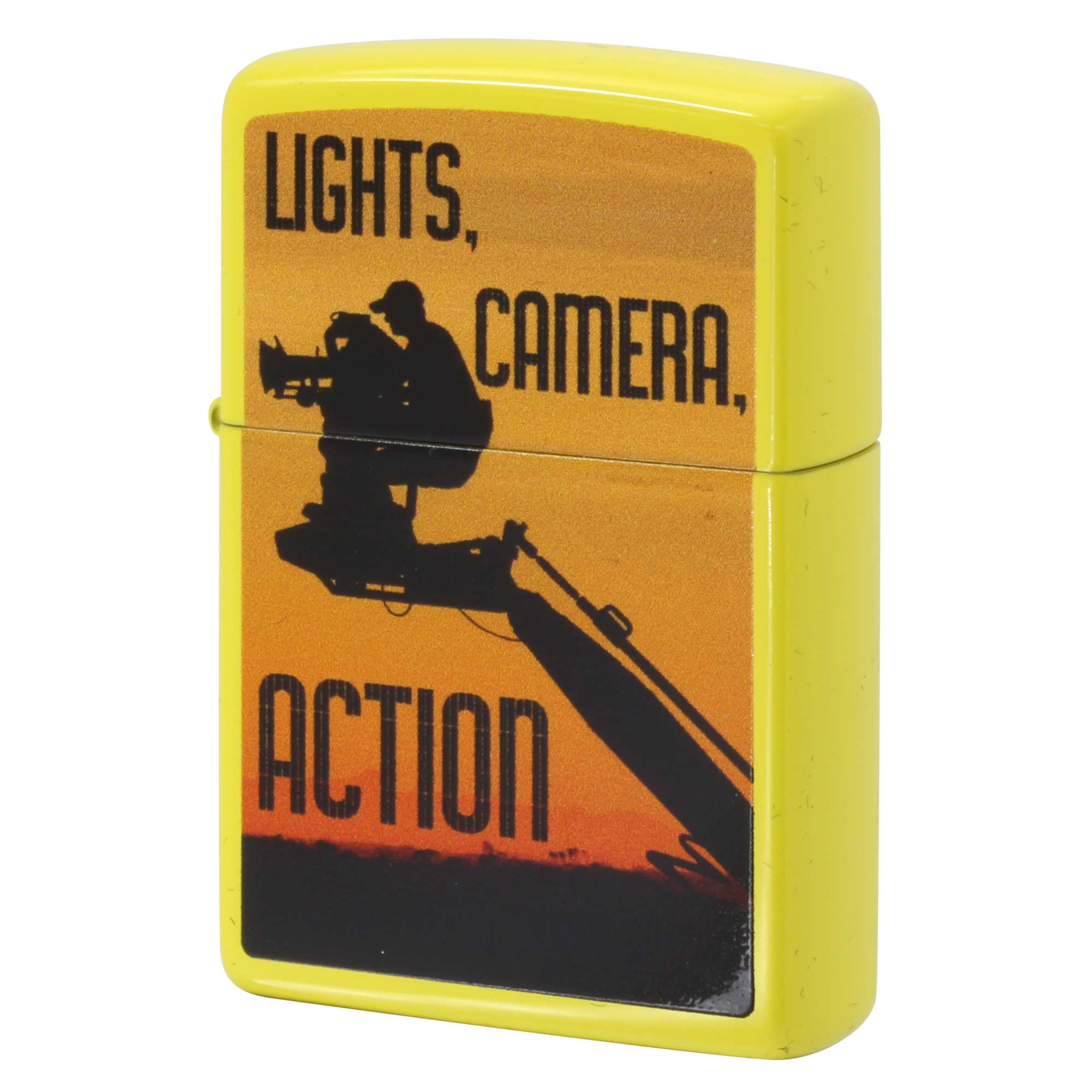 絶版/ヴィンテージ Zippo ジッポー 中古 2016年製造 LIGHTS CAMERA ACTION プリント イエロー塗装  [N]未使用・新品
