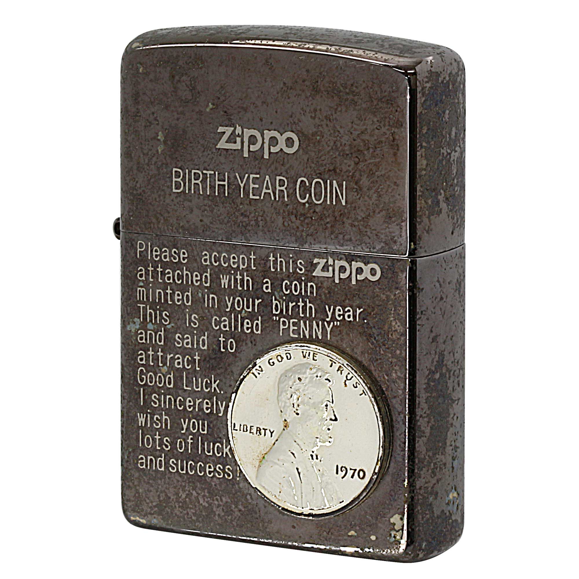 絶版/ヴィンテージ Zippo ジッポー 中古 2004年製造 コイン貼り BIRTH YEAR COIN 1970年コイン  [C]使用感あり傷汚れあり