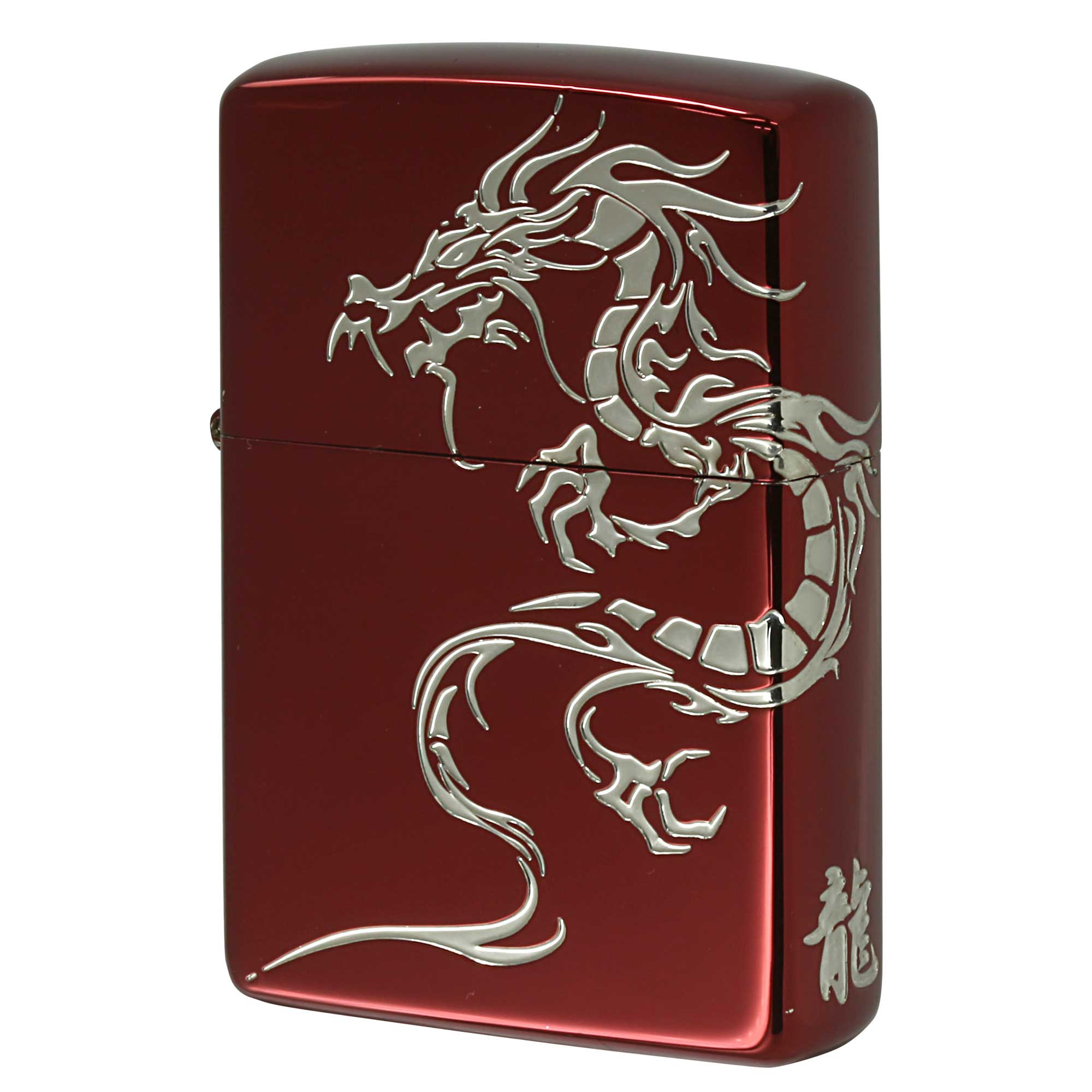 絶版/ヴィンテージ Zippo ジッポー 中古 2023年製造 龍 ドラゴン 2面連続加工 レッドイオンコーティング 銀サシ  [A]使用感少なく状態が良い
